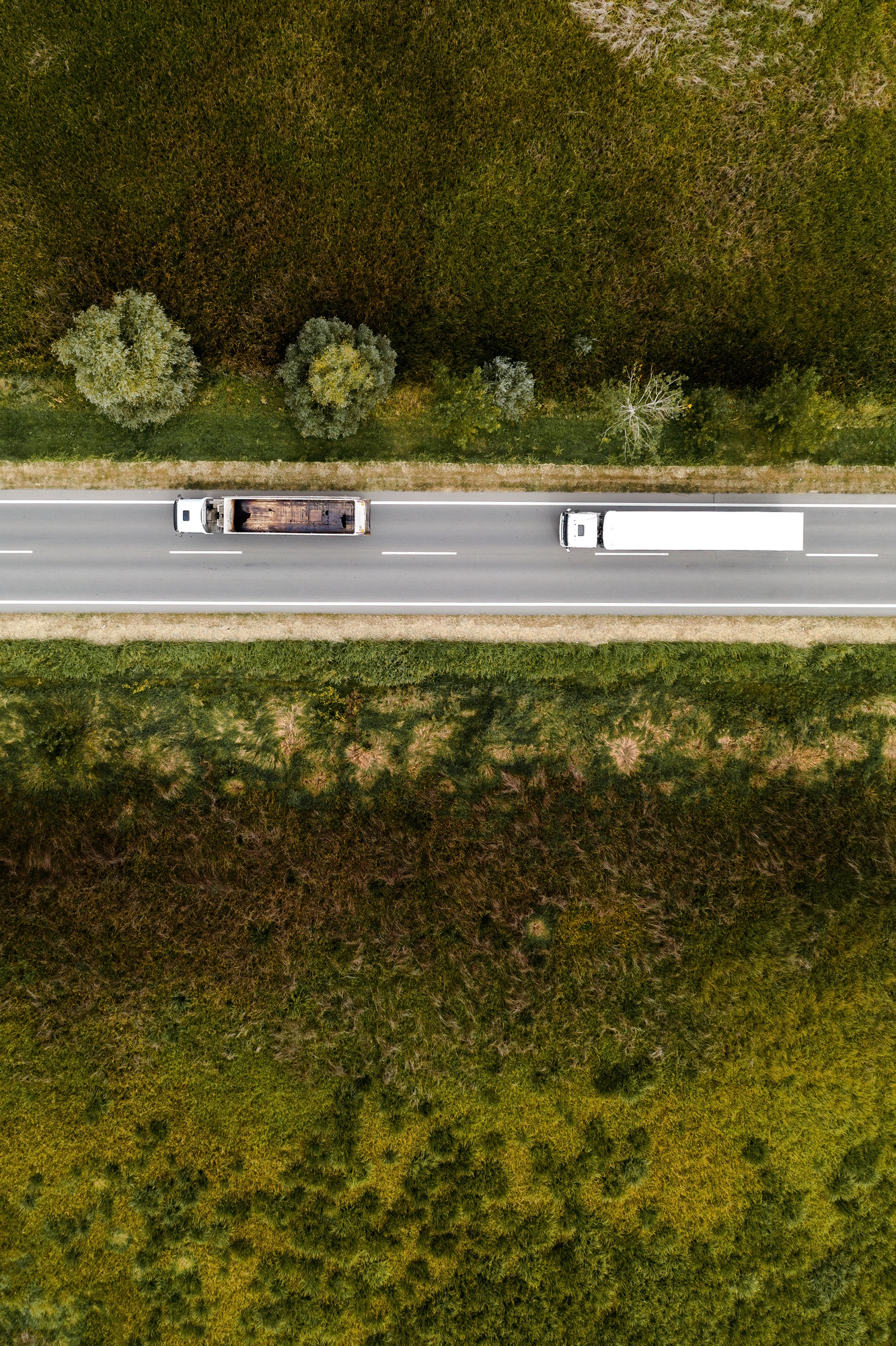 Two large transporter semi-trucks on the road, aerial view
